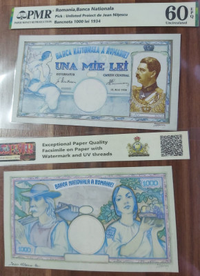 REPRODUCERE pe hartie cu filigran si fire UV proiect bancnota 1000 lei 1934 foto