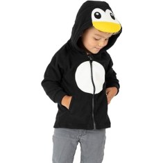 Hanorac cu gluga pentru copii, din fleece, pufos, calduros, design vesel cu pinguin, ideal pentru a fi purtat in anotimpul rece, 6-12 luni, negru cu a