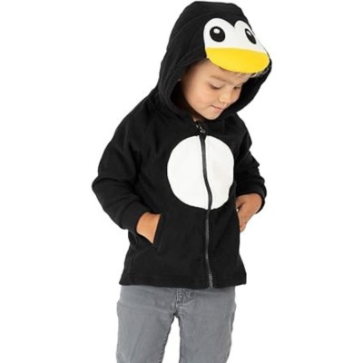 Hanorac cu gluga pentru copii, din fleece, pufos, calduros, design vesel cu pinguin, ideal pentru a fi purtat in anotimpul rece, 6-12 luni, negru cu a foto