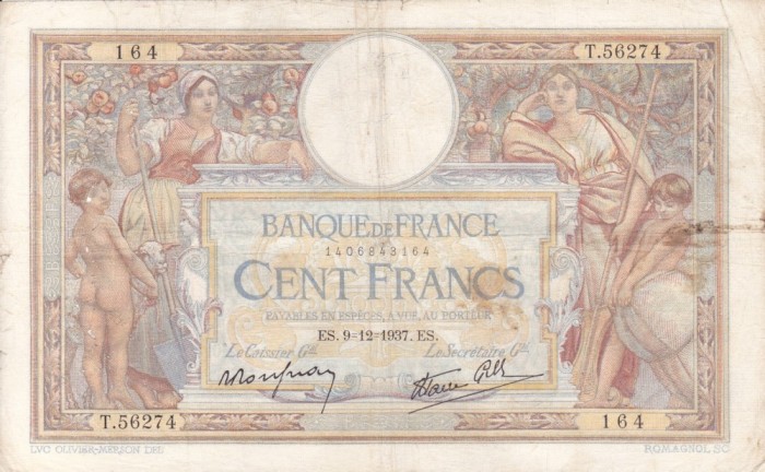 FRANTA 100 francs 9-12-1937 VF!!!