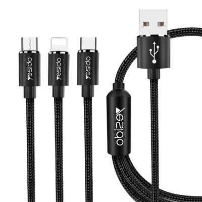 Cablu 3in1 USB to Type-C, Lightning, Micro USB, 60W, 3A, 1.2m Yesido CA-60 - Negru foto