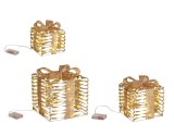 Set 3 decoratiuni Craciun Cadouri metal auriu 90 microleduri 15x15x17h; 20x20x23h; 25x25x30h