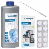 Kit de intretinere universal, Wessper CleanMax, Detartrant 1L si Tablete Curatare, compatibil cu DeLonghi Philips Saeco