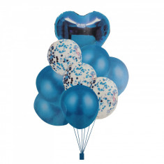 Buchet 9 baloane albastre din latex cu confetti Magic Party