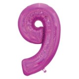 Balon Petrecere Nr. 9 Fucsia Holografic Metalizat 60x41 cm, Folie Aluminiu, Pentru Aniversari, Petreceri Copii, Cu Pai