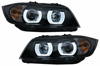 Faruri Halogen U-Led 3D Dual Halo Rims BMW Seria 3 E90 Limuzina E91 Touring (03.2005-08.2008) LHD Negru Performance AutoTuning foto