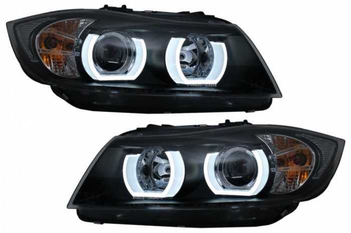 Faruri Halogen U-Led 3D Dual Halo Rims BMW Seria 3 E90 Limuzina E91 Touring (03.2005-08.2008) LHD Negru Performance AutoTuning