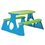 Set mobilier gradina pentru copii AIX&copy;, cu masa si doua bancute, din palstic, dimensiuni 90 x 88 x 48.5 cm, culoare verde/albastru