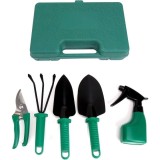Set unelte de gradinarit, cu 5 piese, cutie pentru depozitat si transport, din metal si plastic, verde