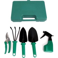 Set unelte de gradinarit, cu 5 piese, cutie pentru depozitat si transport, din metal si plastic, verde