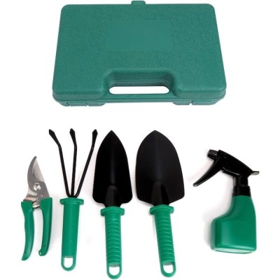 Set unelte de gradinarit, cu 5 piese, cutie pentru depozitat si transport, din metal si plastic, verde foto