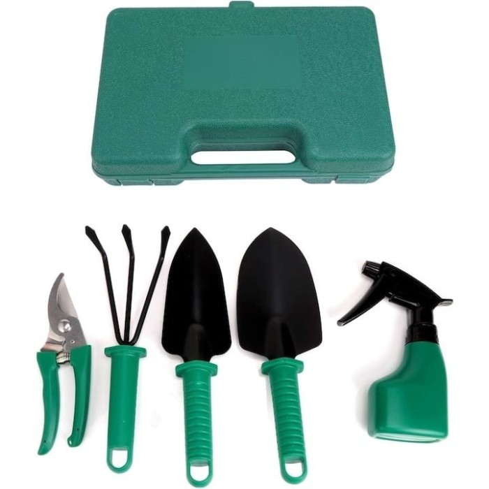 Set unelte de gradinarit, cu 5 piese, cutie pentru depozitat si transport, din metal si plastic, verde