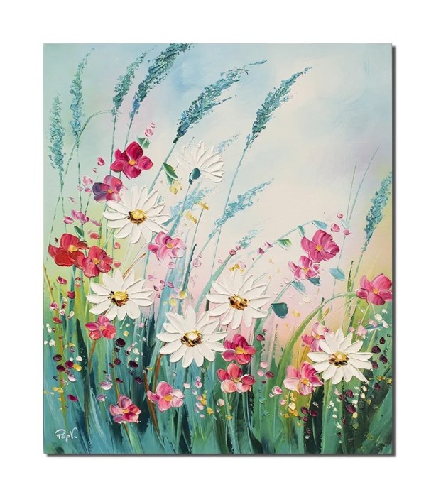 Tablou margarete in camp, pictat manual, 60x50cm ulei pe panza in cutit efect 3D, Valentin Pop