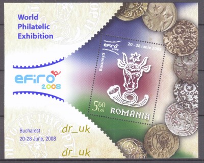 ROMANIA 2008 LP 1778 Expozitia filatelica mondiala EFIRO II colita foto