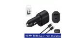 Incarcator Auto pentru Samsung s25, s24, s22, s23, s21,s20, 45W USB-C si 15W USB plus Cablu de incarcare USB-C la USB-C, 5A, 1m, Negru