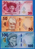 KYRGYZSTAN █ SET █ 20 + 50 + 100 Som █ 2023 █ UNC █ PESTE_2000_BANCNOTE_UNC_AICI