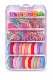 Cumpara ieftin Set accesorii par copii cu cutie organizator, 26 elastice textile 2 cm, 80 elastice cauciuc multicolore si 5 cleme iepuras 0.8 cm