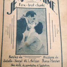 partitura "Je vous aime", fox-trott chante, 1921, musique de Renee Mercier