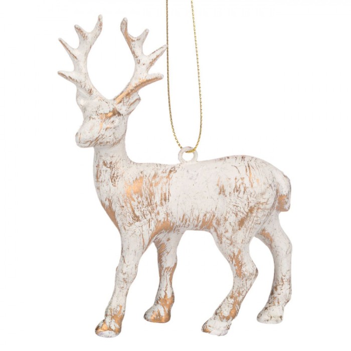 Ornament Brad Crăciun, Cerb, Alb Auriu, 13cm, Plastic