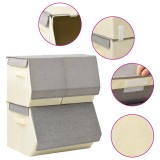Set cutii depozitare stivuibile, 3 buc., gri și crem, țesătură