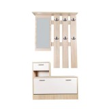 Set cuier si pantofar cu oglinda GN Filip, Pal Melaminat, 12 agatatori, usa rabatabila, polita, stejar alb