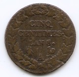 Franta 5 centimes 1799 A - L&#039;AN 8 - A, Prima Republica, Cupru, 10 gr, 28 mm, KM-640 (3)