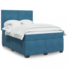 vidaXL Pat box spring cu saltea, albastru, 140x200 cm, catifea