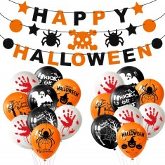Set 19 piese, banner si 18 baloane pentru petrecere Halloween Miahart, latex, plastic, multicolor