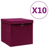 Cutii de depozitare cu capac, 10 buc., rosu inchis, 28x28x28cm