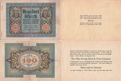 Pliant OHIO SAVINGS BANK (1 Noiembrie), 100 Mark (P-69b) - Germania foto