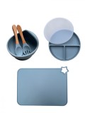 Set 6 piese, hranire si diversificare pentru copii si bebelusi NippleBaby, din silicon alimentar, farfurie compartimentata cu capac, bol cu furculita