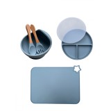 Set 6 piese, hranire si diversificare pentru copii si bebelusi NippleBaby, din silicon alimentar, farfurie compartimentata cu capac, bol cu furculita