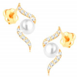 Cercei din aur galben 585 - spirală de diamante cu perlă &icirc;n mijloc