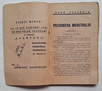 AVENTURA &amp;ndash; Ren&amp;eacute; Thevenin: &amp;bdquo;Prizoniera Monstrului&amp;rdquo;, Adevarul S.A., interbelic &amp;ndash; pulp foto