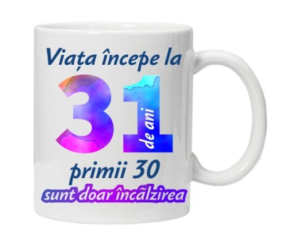 Cana alba personalizata &amp;quot; Viata incepe la &amp;quot;, 31 ani, INOVATIX&amp;reg;. 330ml foto