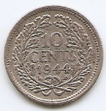 Olanda 10 Cents 1944 - Wilhelmina, Argint 1.4 g/640, 15 mm KM-163, Europa