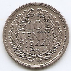 Olanda 10 Cents 1944 - Wilhelmina, Argint 1.4 g/640, 15 mm KM-163