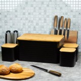 Set cutie pentru paine, din otel-bambus, si 3 recipiente pentru bucatarie, negru, Klausberg