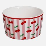 Bol rotund din ceramică cu model dungi și imprimeu cireșe, 175 ml, CMCLASS