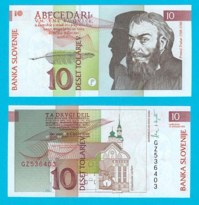 Slovenia (p#11) 10 Tolarjev 1992 UNC &#039;Trubar&#039; serie: GZ536403