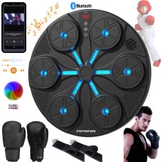 Aparat de Box Inteligent FOTOFUN&reg; cu Bluetooth, Lumini RGB, Manusi Incluse si Fixare Velcro, USB, 35x35x10 cm, Home Gym, negru