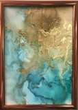 Tablou pictat manual Pictura abstracta epoxy si foita aur metalizata 100x50cm