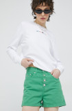 Tommy Jeans pantaloni scurti jeans femei, culoarea verde, neted, high waist