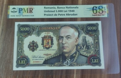 REPRODUCERE pe hartie cu filigran si fire UV proiect bancnota 5.000 Lei 1940 nr.173 foto