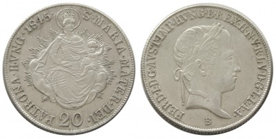 t302 UNGARIA AUSTRIA 20 KREUZER KRAJCAR 1845 ARGINT XF/aUNC PIESA DE COLECTIE foto
