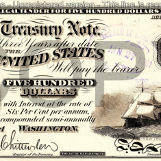 500 dolari 1864 Reproducere Bancnota USD , Dimensiune reala 1:1