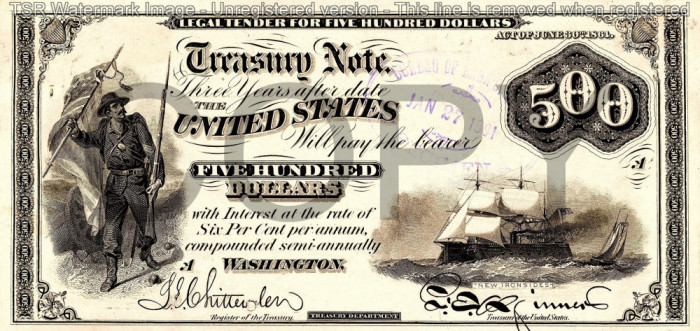500 dolari 1864 Reproducere Bancnota USD , Dimensiune reala 1:1