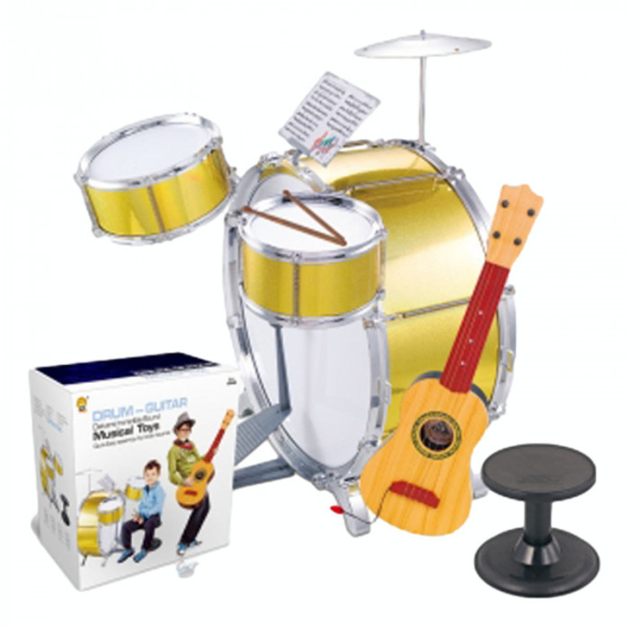 Set Chitara si Tobe cu Scaunel pentru Copii Jazz Drum, inaltime reglabila