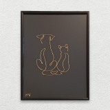 Cat &amp; dog, tablou sculptura din fir continuu de sarma placata cu aur, 19x25cm