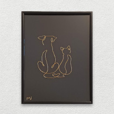Cat & dog, tablou sculptura din fir continuu de sarma placata cu aur, 19x25cm